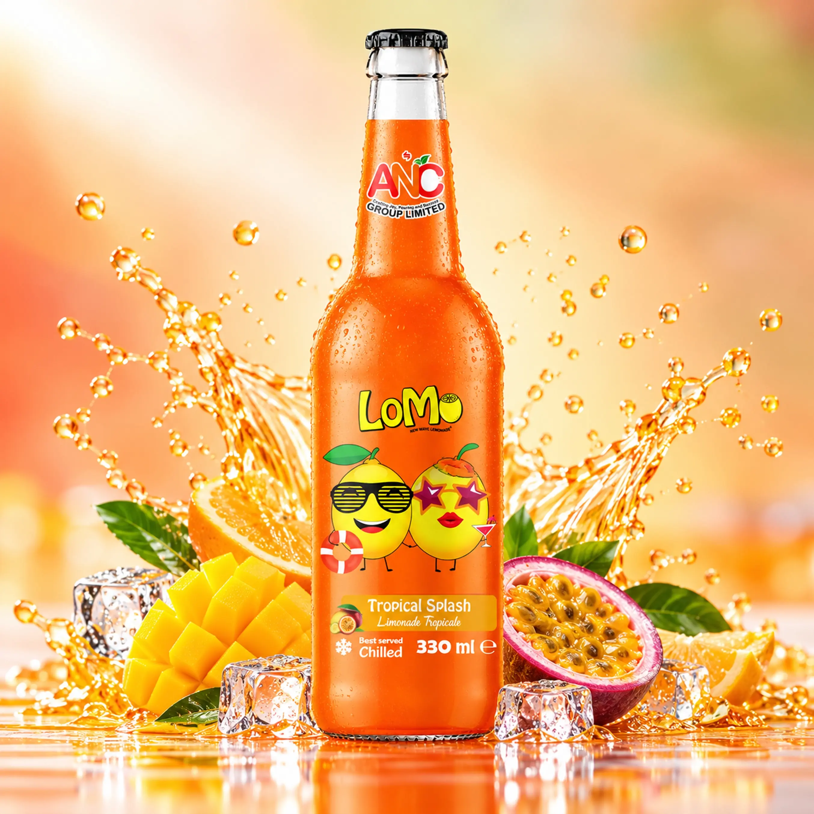 LoMo Tropical Splash 330ml glass bottle with mango, passion fruit, citrus, ice cubes, and tropical fruit splash.